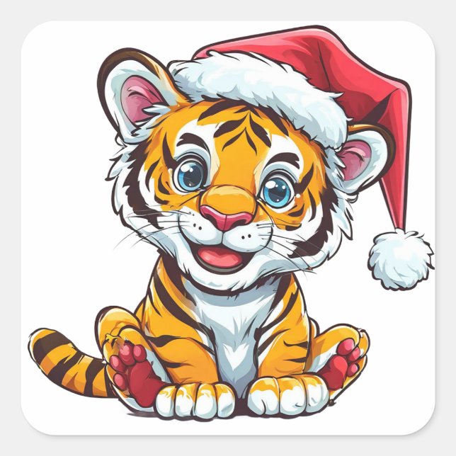 Adorable Cartoon Tiger Cub Tragen einer Weihnachts Quadratischer Aufkleber (Vorderseite)