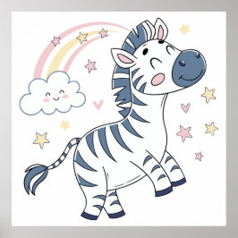 Adorable Cartoon Zebra mit Regenbogen und Sternen Poster