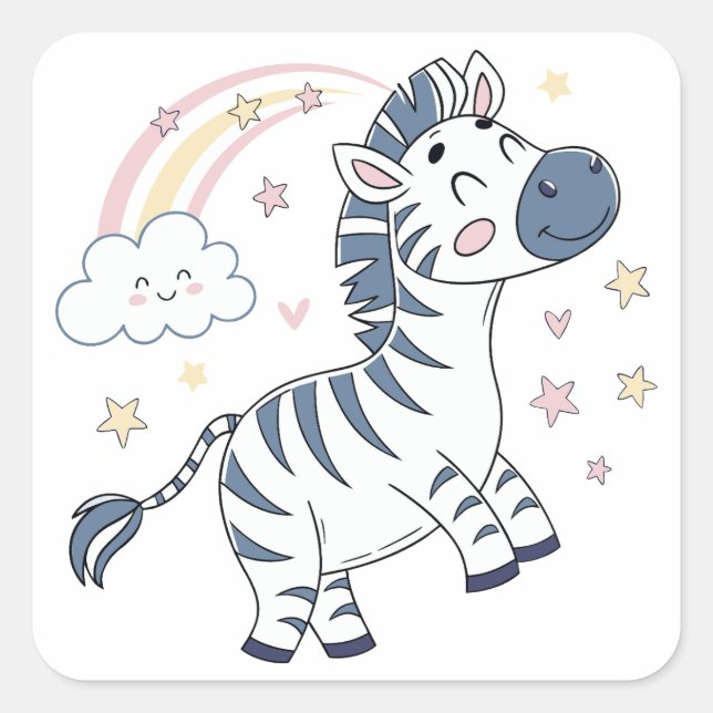 Adorable Cartoon Zebra mit Regenbogen und Sternen  Quadratischer Aufkleber (Vorderseite)