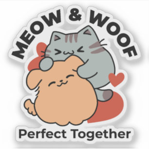 Adorable Cat and Dog Hug - Meow & Woof Design Aufkleber