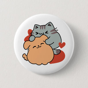 Adorable Cat and Dog Hug - Meow & Woof Design Button