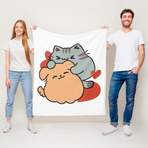 Adorable Cat and Dog Hug - Meow & Woof Design Fleecedecke