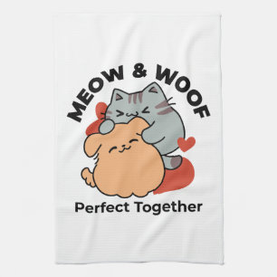 Adorable Cat and Dog Hug - Meow & Woof Design Geschirrtuch