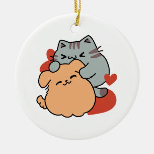 Adorable Cat and Dog Hug - Meow & Woof Design Keramik Ornament