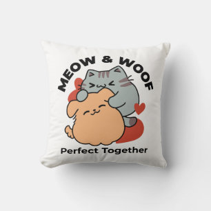 Adorable Cat and Dog Hug - Meow & Woof Design Kissen
