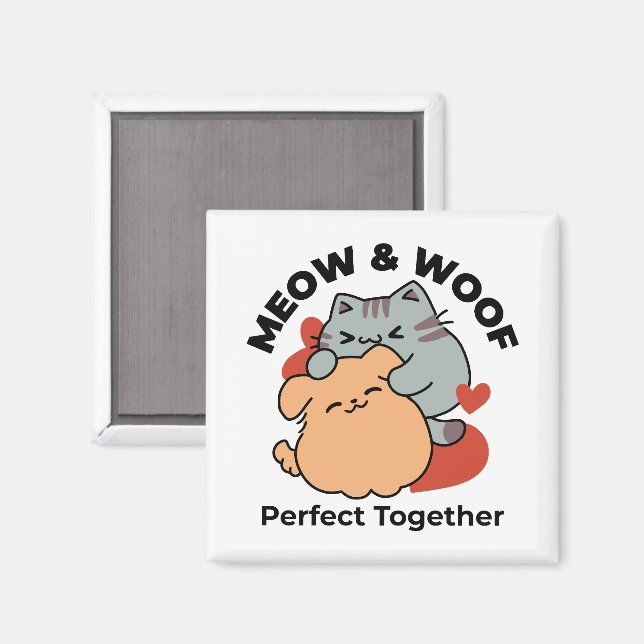 Adorable Cat and Dog Hug - Meow & Woof Design Magnet (Vorderseite/Rückseite)