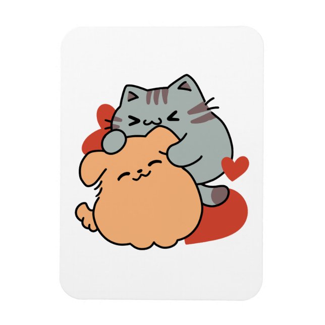 Adorable Cat and Dog Hug - Meow & Woof Design Magnet (Vertikal)