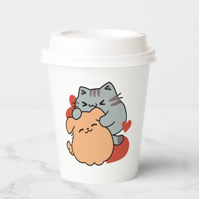 Adorable Cat and Dog Hug - Meow & Woof Design Pappbecher (Vorderseite)