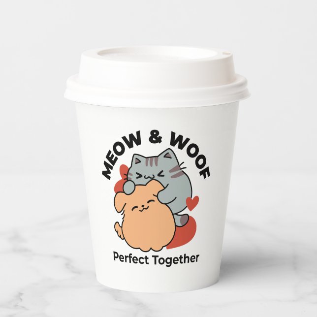 Adorable Cat and Dog Hug - Meow & Woof Design Pappbecher (Vorderseite)