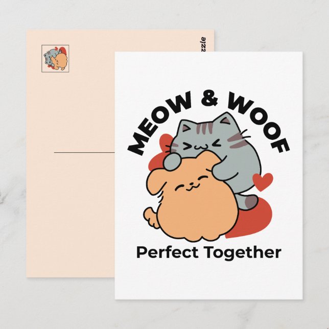 Adorable Cat and Dog Hug - Meow & Woof Design Postkarte (Vorne/Hinten)