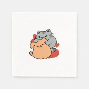 Adorable Cat and Dog Hug - Meow & Woof Design Serviette