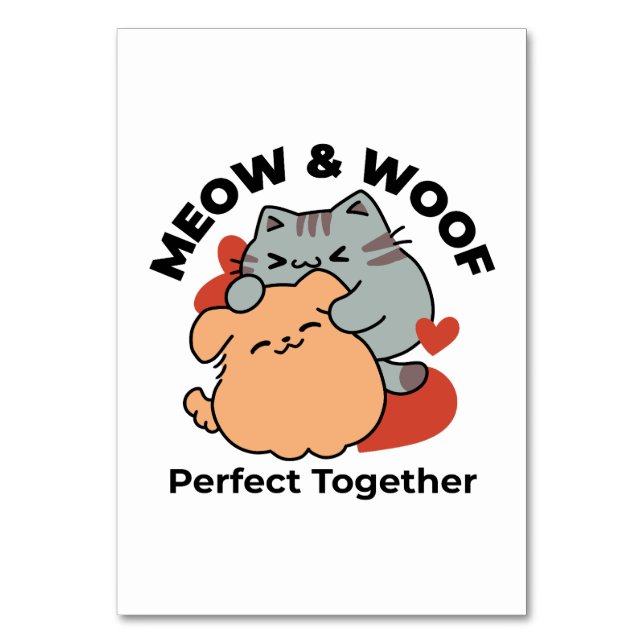 Adorable Cat and Dog Hug - Meow & Woof Design Tischnummer (Vorderseite)
