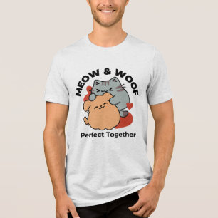 Adorable Cat and Dog Hug - Meow & Woof Design Tri-Blend Shirt