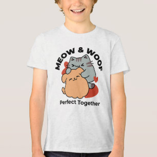 Adorable Cat and Dog Hug - Meow & Woof Design Tri-Blend Shirt