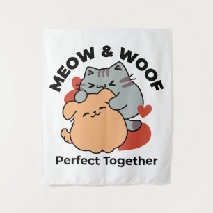 Adorable Cat and Dog Hug - Meow & Woof Design Wandteppich