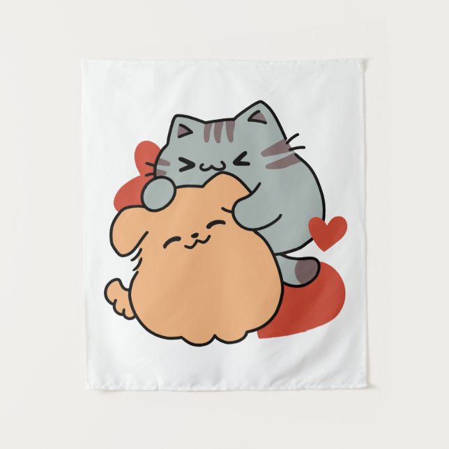Adorable Cat and Dog Hug - Meow & Woof Design Wandteppich (Vorderseite)