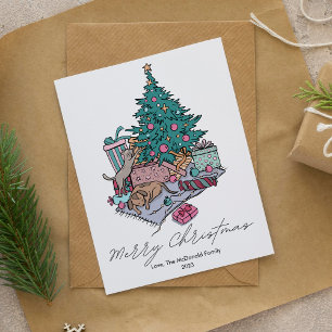 Adorable Cat and Dog Tree Pet Lover Christmas Flat Feiertagskarte