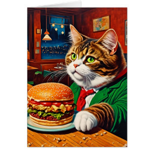 Adorable Cat bei einem Vintagen Diner Cheeseburger