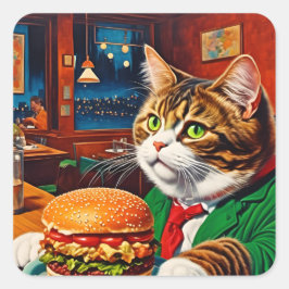 Adorable Cat bei einem Vintagen Diner Cheeseburger Quadratischer Aufkleber