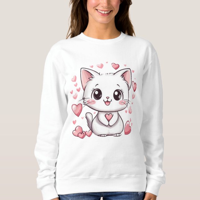 Adorable Cat Cartoon Sweatshirt mit Herzdesign (Vorderseite)