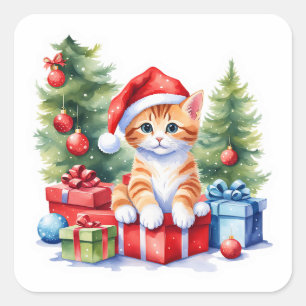 Adorable Cat Christmas Sticker - Kitty by Tree