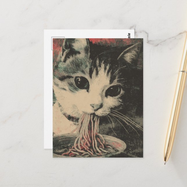 Adorable Cat Eating Noodles Postkarte (Vorderseite/Rückseite Beispiel)
