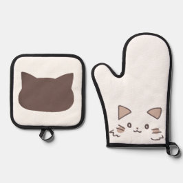 Adorable Cat Hand-Drawn  Mitt and Pot Holders Ofenhandschuh & Topflappen-Set
