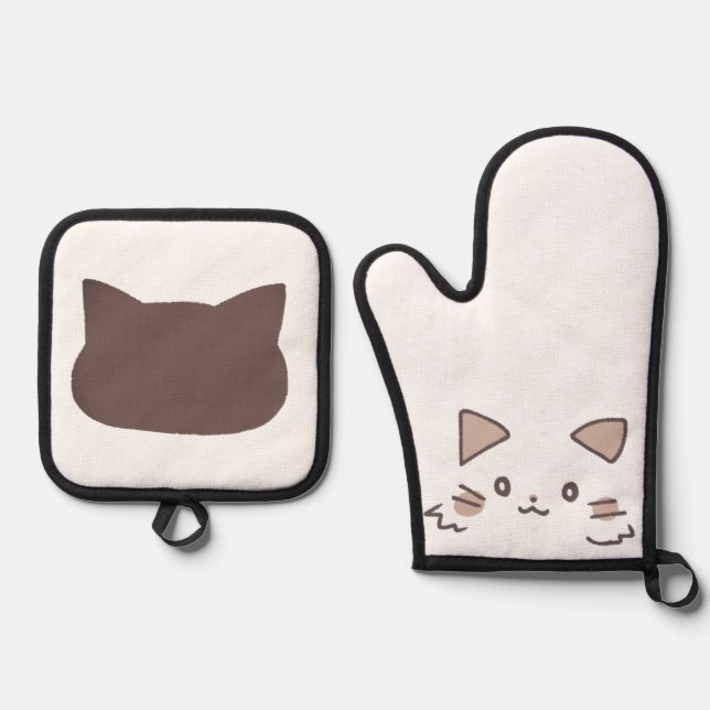 Adorable Cat Hand-Drawn  Mitt and Pot Holders Ofenhandschuh & Topflappen-Set (Vorderseite)