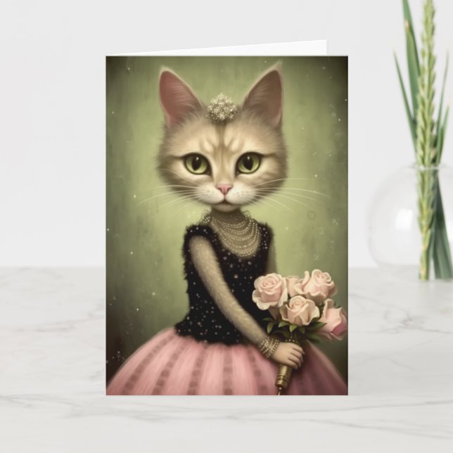Adorable Cat Holds Pink Roses Karte (Vorderseite)