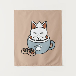 Adorable Cat in Tasse Holiday Design - Katze & Kak Wandteppich