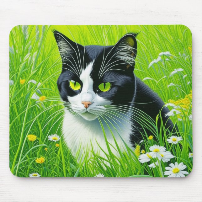 Adorable Cat sitzend in einem Bereich der Daisies Mousepad (Vorne)