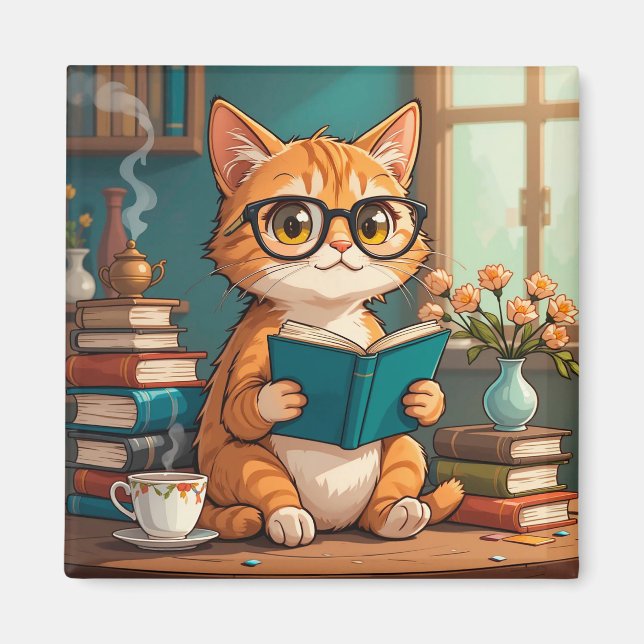 Adorable Cat Tragebrillen Lesen eines Buches Magnet (Vorne)