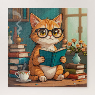 Adorable Cat Tragebrillen Lesen eines Buches Puzzle