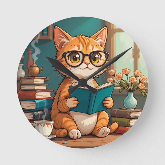 Adorable Cat Tragebrillen Lesen eines Buches Runde Wanduhr (Vorderseite)