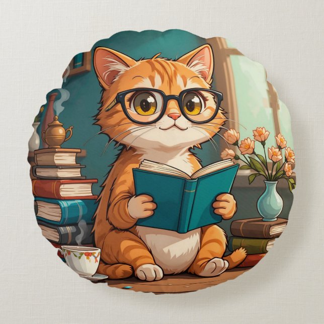 Adorable Cat Tragebrillen Lesen eines Buches Rundes Kissen (Vorderseite)