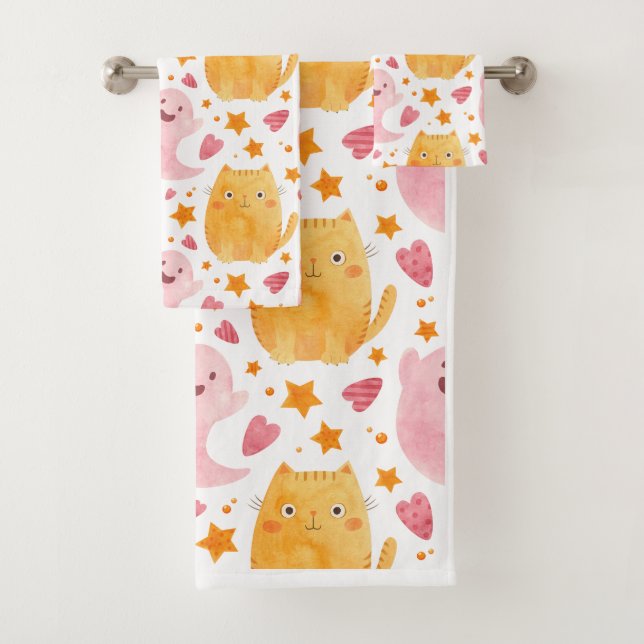 Adorable Cats and Ghosts Pattern  Badhandtuch Set (Insitu)