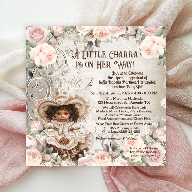 Adorable Charra Baby Dusche Einladung (Adorable Charra baby shower invitations with pretty pink roses.)