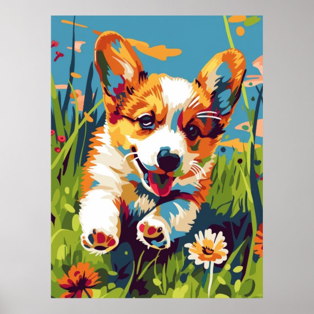 Adorable Chibi Corgi Welpe läuft in Garden Poste Poster (Vorne)