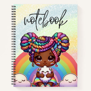 Adorable Chibi Girl mit Regenbogenbraunen Notizbuch