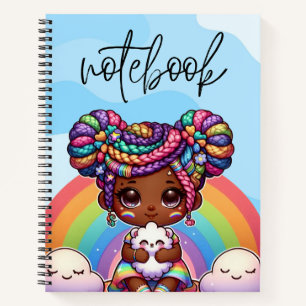 Adorable Chibi Girl mit Regenbogenbraunen Notizbuch