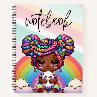 Adorable Chibi Girl mit Regenbogenbraunen Notizbuch