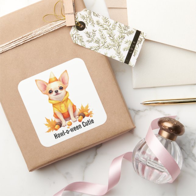 Adorable Chihuahua Welpe in Candy Corn Kostüm Quadratischer Aufkleber (Schenken)