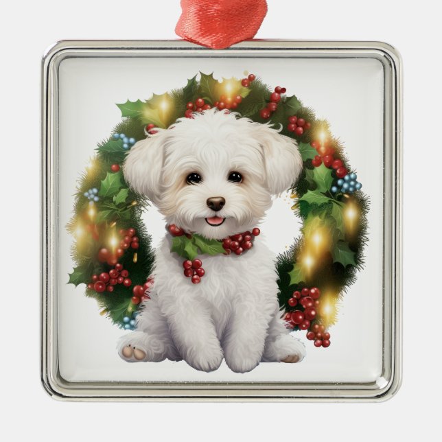 ADORABLE CHRISTMAS BICHON FRISE DOG WREATH ORNAMENT AUS METALL (Vorne)