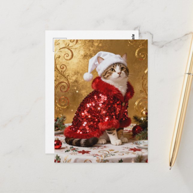 Adorable Christmas Cat Postcard Postkarte (Vorderseite/Rückseite Beispiel)