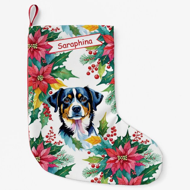 Adorable Christmas Dog With Poinsettias Kleiner Weihnachtsstrumpf (Vorderseite)