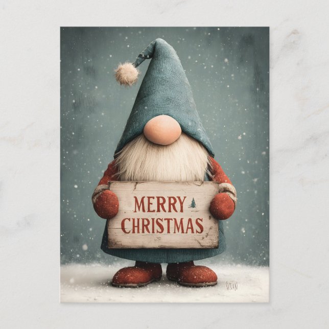 Adorable Christmas Gnome halten "Frohe Weihnachten Postkarte (Vorderseite)