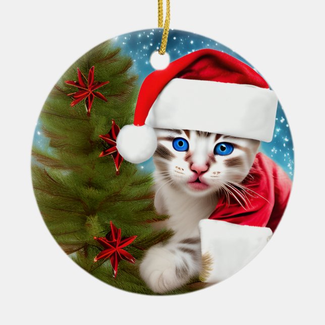 Adorable Christmas Kitten Keramik Ornament (Vorne)