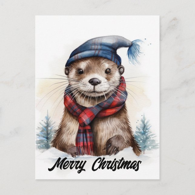 Adorable Christmas Otter Blue Hat Red Scarf Postkarte (Vorderseite)