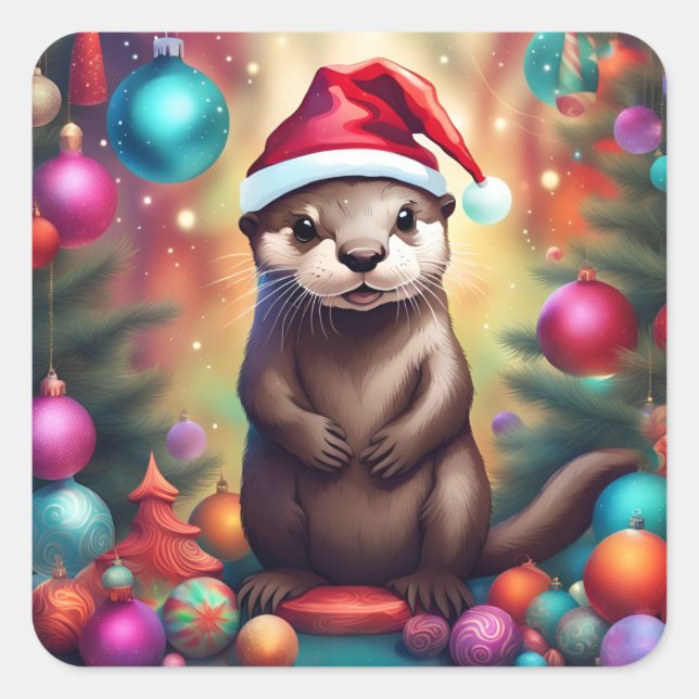 Adorable Christmas Otter Quadratischer Aufkleber (Vorderseite)