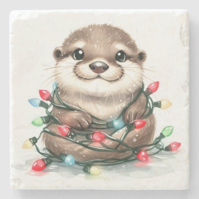 Adorable Christmas Otter Steinuntersetzer (Vorderseite)